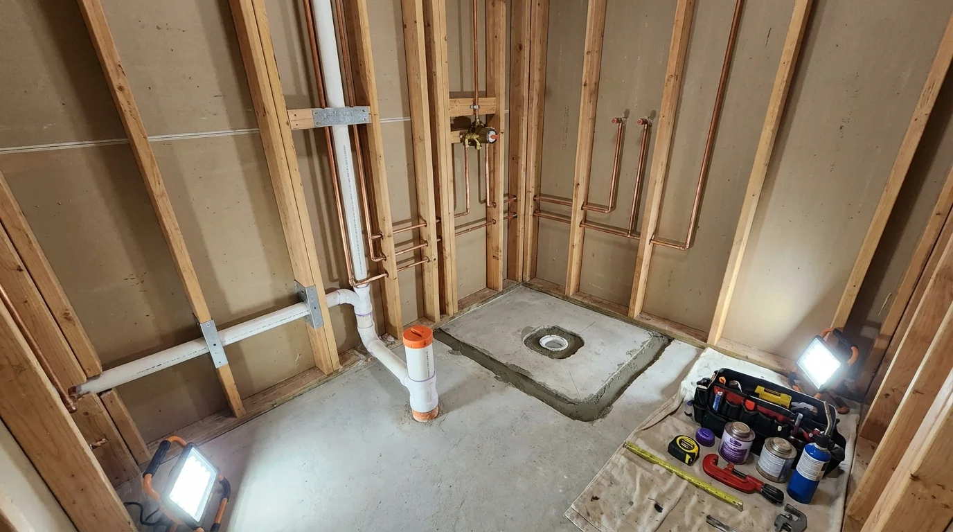 Bathroom rough-in plumbing during remodel by Johns Plumbing LLC in Osceola