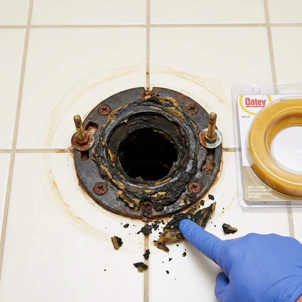 Failed wax ring showing water seepage at the base of a toilet in a Osceola, WI home
