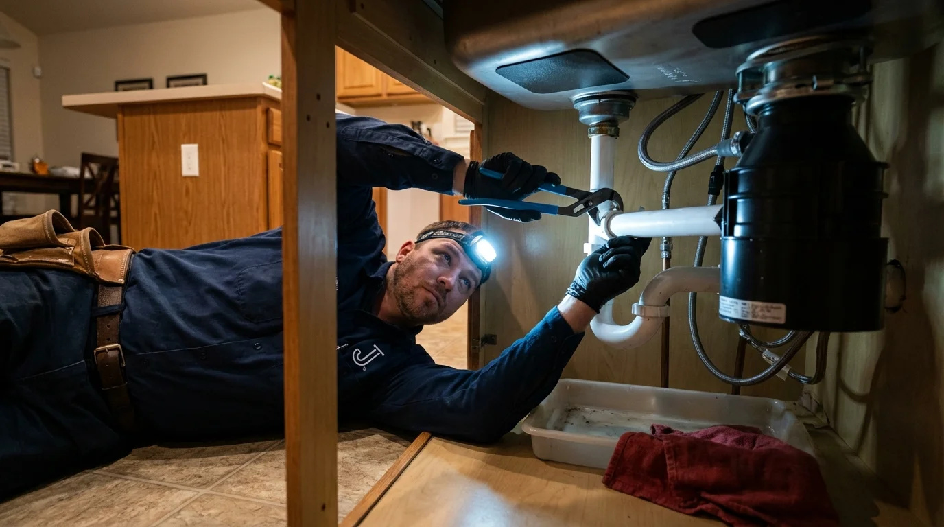 P-trap and supply line connections under a kitchen sink showing a common leak point in Osceola, WI